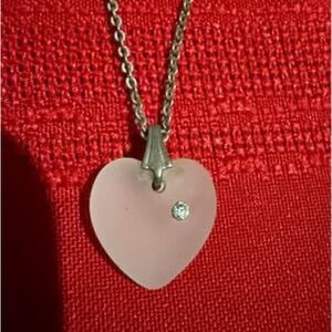Vintage Frosted Glass Heart Necklace with Rhinestone on Silver Color Chain